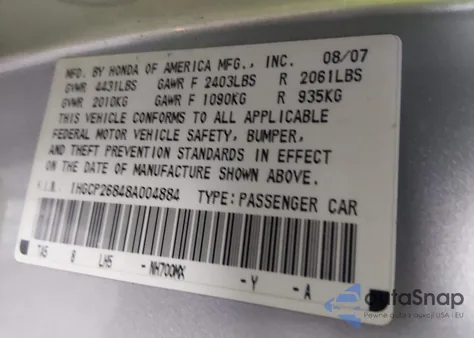 2008 Honda Accord 2.4 Ex-L from USA, damaged, VIN 1HGCP26848A004884